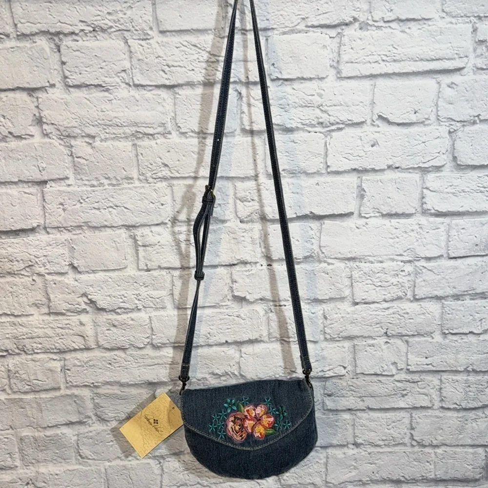 Patricia Nash Granada Boho Floral Denim Embroidered Crossbody Bag Casual Purse